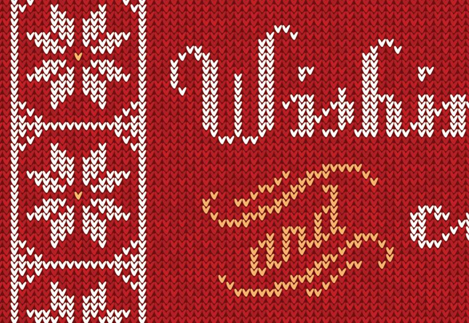 Close up teaser image Image of holiday card with greeting "Wishing you warm and cozy holidays." The image is made of thousands of faux knitted stitches. Designed by Carolyn Porter of Porterfolio, Inc.