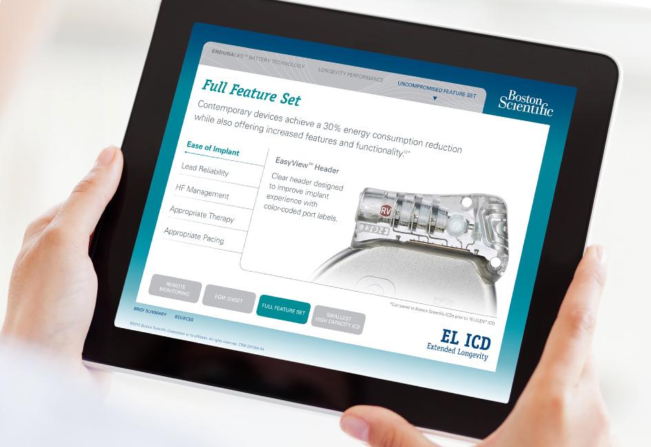 Close up teaser image of two hands holding an iPad showing an interior page of the EL ICD app, designed by Carolyn Porter of Porterfolio, Inc. for Boston Scientific