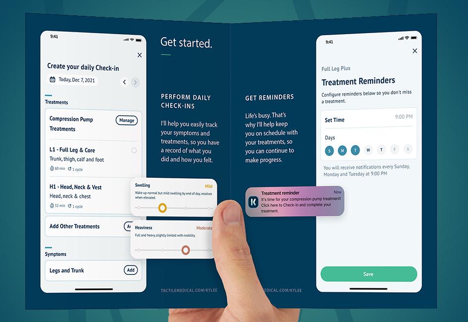 Close up teaser image showing hand holding brochure promoting the Kylee lymphedema tracking app, designed by Carolyn Porter of Porterfolio for Tactile Medical