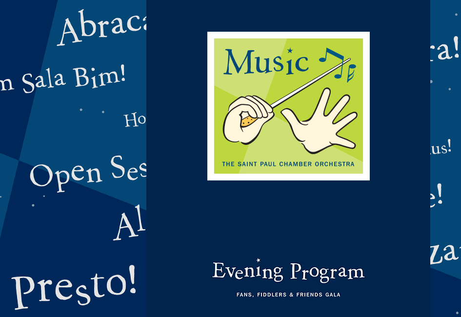 An animated gif of the cover of a brochure for the Saint Paul Chamber Orchestra's "Magic of Music" fundraising event, designed by Carolyn Porter of Porterfolio, Inc. The animation toggles between the words "Magic" and "Music" and the hands alternate between holding a magician's wand and a conductor's baton.
