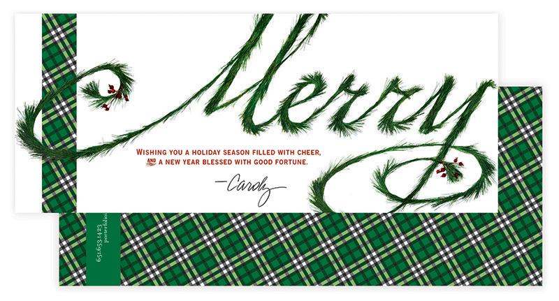 Image of holiday greeting card featuring word "Merry" created by thousands of pine needles, designed by Carolyn Porter of Porterfolio, Inc. and using letters from the font P22 Marcel Script.