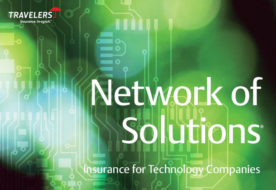 Close up teaser image of Network of Solutions folder cover, designed by Carolyn Porter of Porterfolio, Inc. for Travelers Insurance. The pattern in the background is a high-tech looking circuitry collage in bright greens and blues.