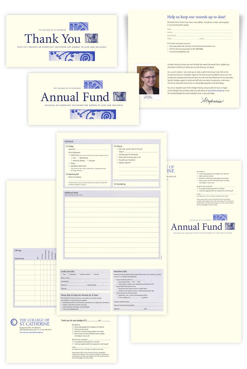 A collage of pages designed to support St. Kate's annual fundraising materials, designed by Carolyn Porter of Porterfolio, Inc.
