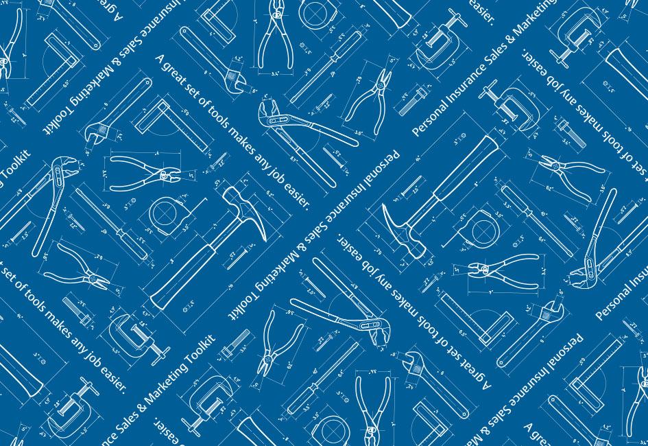 Close up teaser image in an architectural blueprint style showing hardware tools; the illustration was used in a marketing brochure designed by Carolyn Porter of Porterfolio, Inc. for Travelers Insurance