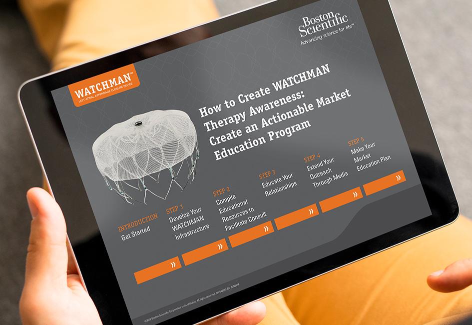 Close up teaser image of someone holding an iPad showing the WATCHMAN market education program, designed by Carolyn Porter of Porterfolio, Inc. for Boston Scientific